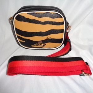 Coach Tiger Stripe Crossbody Bag in Tan, Black & Red Strap